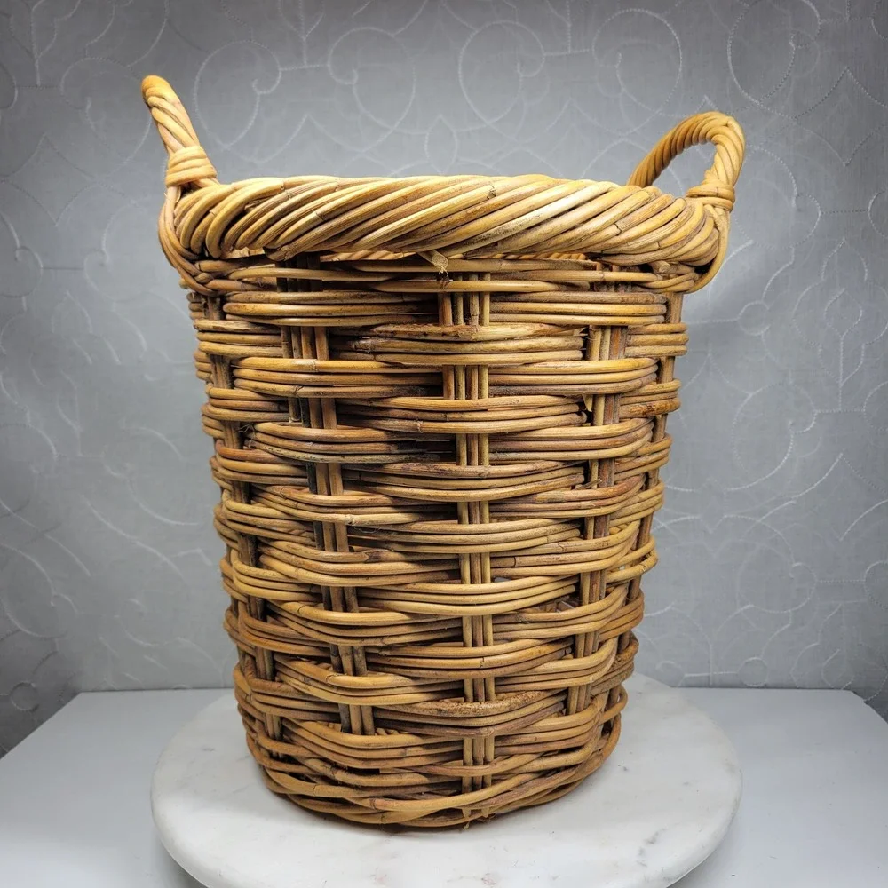 Handmade Woven Wicker Stick Basket Large Rustic Storage Handles Farmhouse Decor